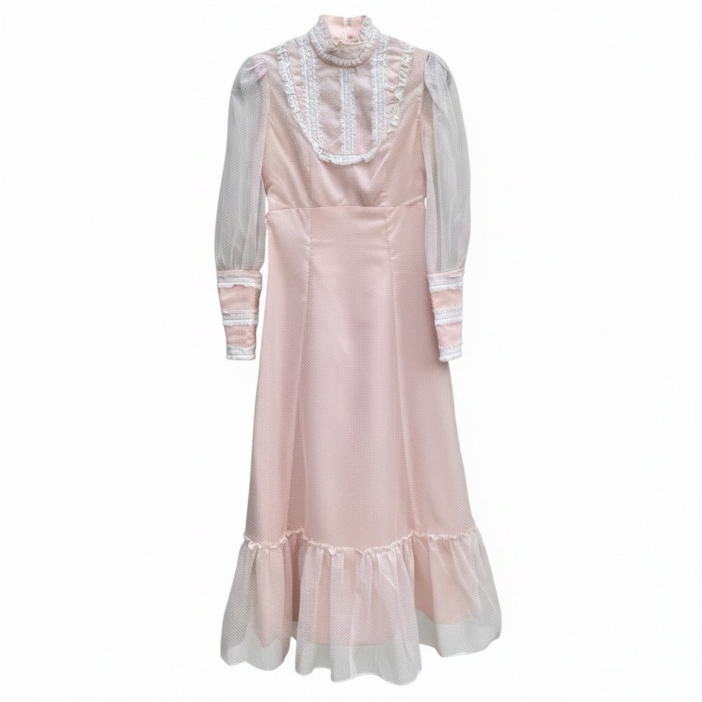 Vintage 70s Victorian Style Pink Swiss Dot Lace Maxi Dress High Neck Long Sleeve